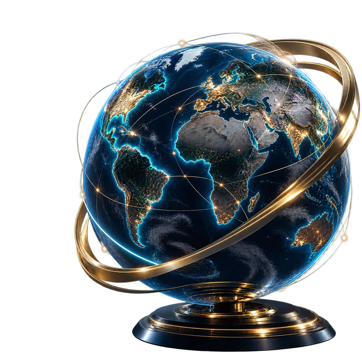 A dark three-dimensional Earth surrounded by a gold championship orbit