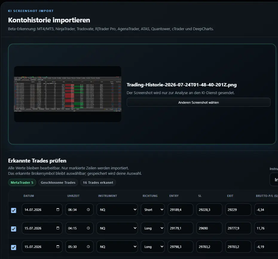 BTI PULSE KI-Import mit Screenshot-Vorschau und erkannten Trades